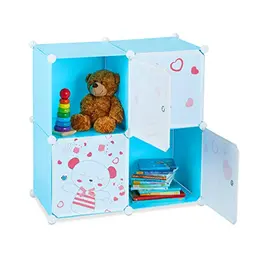 Relaxdays Kinder Spielregal mit Teddybär Motiv, 4 Fächer, Erweiterbar, blau