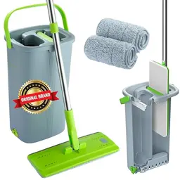 EasyGleam Mop und Eimer Set - Flachbodenmopp mit Teleskopstange und 2 Mikrofaserpads für alle Bodenarten