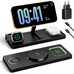 Eddibox 3-in-1 MagSafe Ladestation für iPhone, Apple Watch & AirPods, faltbar, inklusive 20W Adapter – Schwarz