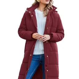 Zeagoo Damen Wintermantel mit Kapuze, Steppjacke in Weinrot, warm und lang