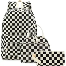 LOIDOU Rucksack für Teenager Mädchen, Schwarz-Weiß-Gitter-Set