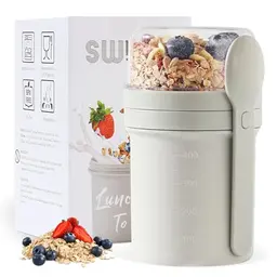 Swkien Müslibecher to Go 450ml + 250ml, Auslaufsicherer Müsli & Joghurt Becher mit Löffel (Hellgrau)
