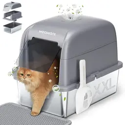 MeoWant Katzenklo Edelstahl mit Deckel, 81 L, geruchsdicht, mit Pedal, Schaufel und Matte