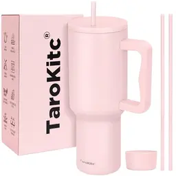 TaroKitc 1.2L Trinkflasche mit Strohhalm - Auslaufsicherer Thermobecher für Autohalter (Hellrosa)