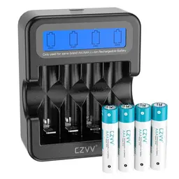 czvv Wiederaufladbare AAA Lithium-Batterien 1,5V, 4er Pack, hohe Kapazität, langlebig, inkl. Schnell-Ladegerät für Spielzeug & Rasierer