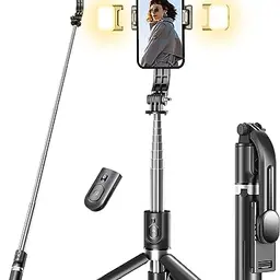 Selfie Stick Stativ mit 2 Fülllichtern und abnehmbarer Fernbedienung, 114 cm für iPhone und Android Smartphones
