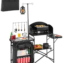 VEVOR Camping Küchentisch aus Aluminium mit Lagerschrank, Windschutz & Tragetasche, schwarz, ideal für Picknicks & Reisen