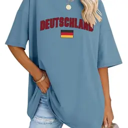 Rapbin Damen Kurzarm Bluse Oversized T-Shirt Print Rundhalsshirt Tops (Blau, XL)
