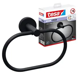 tesa Moon Black Handtuchring, matt schwarz - ovaler Handtuchhalter ohne Bohren - 53 mm x 184 mm