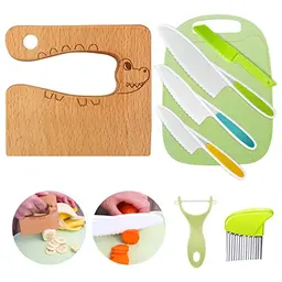 8-teiliges Kindermesser-Set für Obst und Gemüse mit Holzmesser und Schneidebrett (Krokodil)