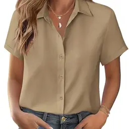 Zeagoo Damen Bluse Kurzarm V-Ausschnitt Khaki M - Elegante Baumwolle Tunika Shirt