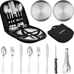 PURPLEBIRD Camping Geschirr Set für 2 Personen, 10-teiliges Edelstahl Besteck für Outdoor & Picknick