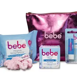 bebe Gesichtspflege Set mit Reinigungstüchern, Lippenpflege und Kosmetiktasche