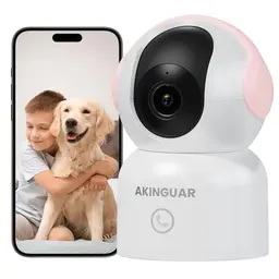 AKINGUAR 2K WLAN Überwachungskamera für Innen, 355° PT Kamerafunktion mit 2-Wege-Audio und Nachtsicht, Rosa
