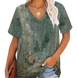 NARRAME Damen T-Shirt Sommer V-Ausschnitt mit Blumenmuster in Grünrosa, Größe L (42-44)