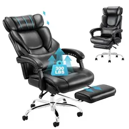 COLAMY Bürostuhl Leder mit Fußstütze, ergonomischer Chefsessel für Homeoffice, höhenverstellbar, mit Lendenkissen, Schwarz