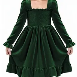 JiAmy Samt Langarmkleid für Mädchen, Festliches Kleid mit Rüschensaum, Grüne Farbe, 3-4 Jahre