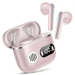 EUQQ Kabellose Bluetooth Kopfhörer mit HiFi Stereo und Wasserdicht, 48Std Akku, LED-Anzeige, für Sport - Rosa
