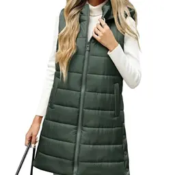 CMTOP Lange Steppweste für Damen - Leichte Ärmellose Weste mit Kapuze für Outdoor, Wandern und Camping (Armeegrün, M)