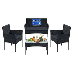 SONGMICS 4-teiliges Gartenmöbel-Set für Balkon und Terrasse, aus PE-Polyrattan, 2 Stühle, 2-Sitzer-Bank, outdoor, schwarz-grau
