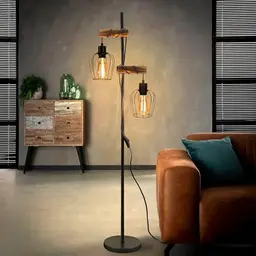 ZMH Stehlampe Schwarz - Vintage Holz Stehleuchte im Industrial Design, 2-flammig, 151 cm für Wohnzimmer und Schlafzimmer