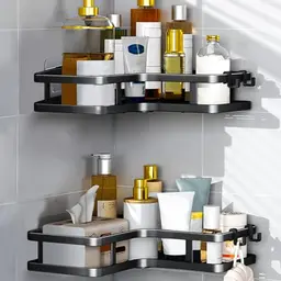Bixury Duschablage Ohne Bohren, 2 Stück Schwarz Dusche Regal mit 8 Haken, Shampoo Halterung für Dusche