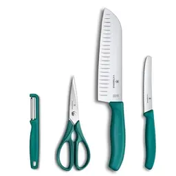 Victorinox Classic Küchenset, 4-teilig – Schäler, Schere, Santoku- und Tomatenmesser, Kunststoffgriffe, Schwarz