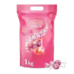 Lindt LINDOR Schokoladen 1 kg Beutel, wiederverschließbar, ca. 80 weiße Schokoladen-Kugeln mit Erdbeer-Sahnecrème