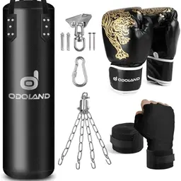 Odoland Boxsack Set 6-in-1 mit 4FT Punchingsack, 12OZ Boxhandschuhe, Deckenhaken & Kette – für Kampfsport, MMA, Kickboxen & Muay Thai