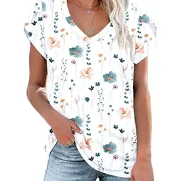 PLOKNRD Damen V-Ausschnitt T-Shirt mit Blütenblatt-Ärmeln – Sommer Oberteil in Hellweiß, Größe XL