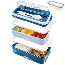 kelav Lunchbox Erwachsene 1600ml, blaue Brotdose mit Fächern, Besteck und Soßenbehälter, mikrowellengeeignet