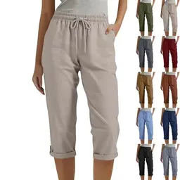 Damen Caprihose Sommer 3/4 Hose mit Taschen, elastischem Bund und Tunnelzug, leichte Bermuda Shorts für Alltag, Strand und Urlaub