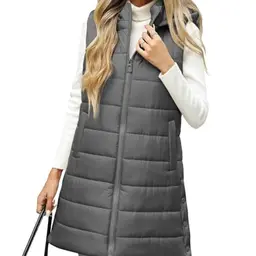 Damen Steppweste mit Kapuze, leicht und warm, ärmellos, mit Reißverschluss und Taschen, ideal für Wandern und Camping, Grau, XXL