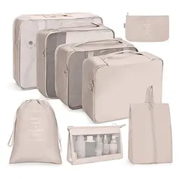 OSDUE Koffer Organizer Set 8-teilig, Wasserdichte Packtaschen, Schuhbeutel, Kosmetiktasche, USB Kabel Tasche (Beige)