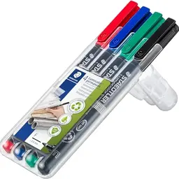 STAEDTLER Lumocolor Permanent Universalstift, 4er Set, wisch- und wasserfest, nachfüllbar, 0,6 mm Spitze, Rot, Blau, Grün, Schwarz