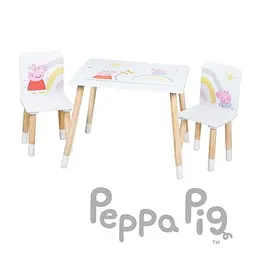 roba Kindersitzgruppe Peppa Pig – 2 Kinderstühle & 1 Tisch für Kinder – rosa Zeichentrickmotiv – Holz weiß/natur, ab 18 Monate