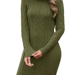 PASUDA Damen Strickkleid Winter Rollkragen Pulloverkleid Langarm Armeegrün (S)