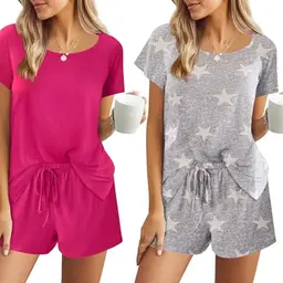 Ekouaer Damen Kurzpyjama Set, 2-teilig, Magenta mit Stern, mit Kordelzug, kurzarm, komfortabel, Größe S