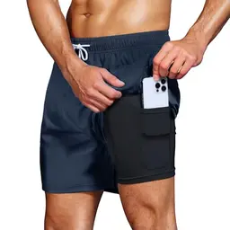 HMIYA Herren 2 in 1 Badehose Schnelltrockend Boardshorts mit Reißverschlusstaschen (Marineblau, L)