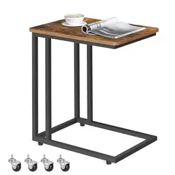 VASAGLE Beistelltisch, mobiler C-Form Sofatisch mit Rollen, vintagebraun-schwarz, 35 x 50 x 60 cm