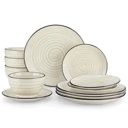 vancasso 12-teiliges Geschirrset für 4 Personen BONBON Beige mit Tellern und Schalen, handbemalt