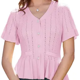 GRACE KARIN Damen Strickjacke Kurzarm V-Ausschnitt Gerüschter Saum Hohlmuster Rosa L