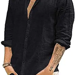 Glacspyg Herren Leinenhemd Langarm Schwarz M - Casual Business Freizeit