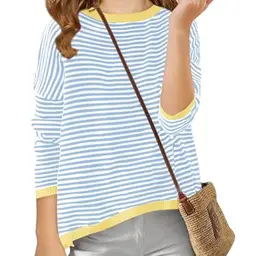 Mädchen Pullover mit Streifen, Rundhalsausschnitt, Leichter langarm Sweater in Himmelblau, Größe 120