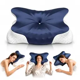 Ergonomisches Kopfkissen mit zwei Höhen, kühlendem Eisseide-Bezug, Memory Foam, für Seitenschläfer, Rücken- & Bauchschläfer, Mitternachtsblau-Weiß