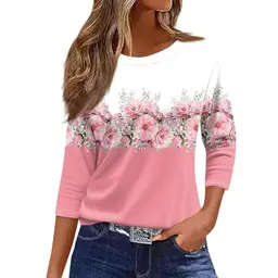 SCBFDI Damen Funktionsshirt 3/4 Arm Rundhals Basic Oberteil in Rosa, Größe 2XL