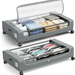 PHINOX Aufbewahrungsbox mit Rollen, 2 Stück (74x42x16cm) - Graue Stoffbox mit Klarsichtdeckel für Kleidung und Spielzeug