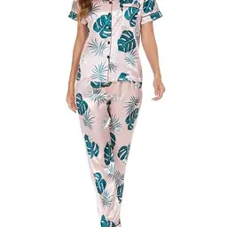MyFav Satin Pyjama Damen Kurzarm Schlafanzug Set, Rosa, M