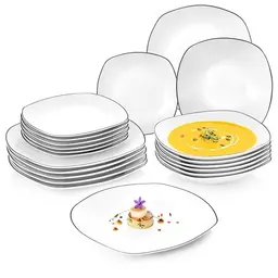 SÄNGER Teller Set Bilgola Black Rim 18-tlg. für 6 Personen - Spülmaschinenfestes Porzellan Geschirrset mit flachen und tiefen Tellern