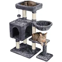 Yaheetech Katzenbaum 96 cm hoch mit Sisal und Plüsch, Kletterbaum mit Höhle und Korb, Dunkelgrau